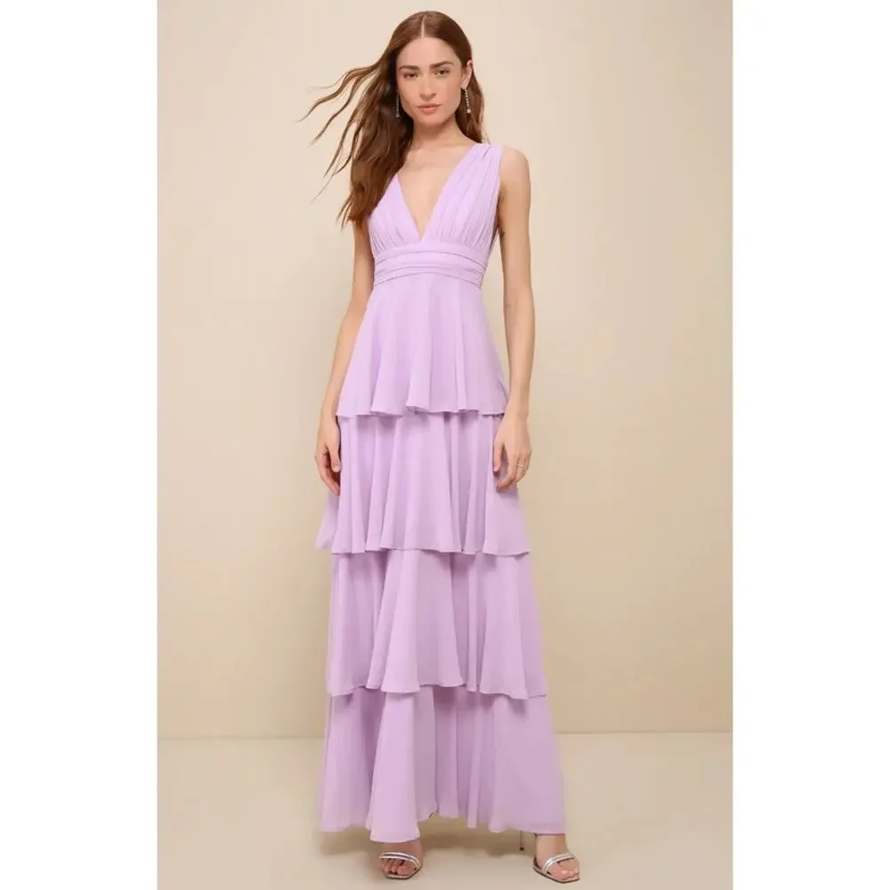 Lulus Amazing Evening Maxi Dress Women's Medium Lavender Tiered Chiffon NWT - Picture 1 of 12